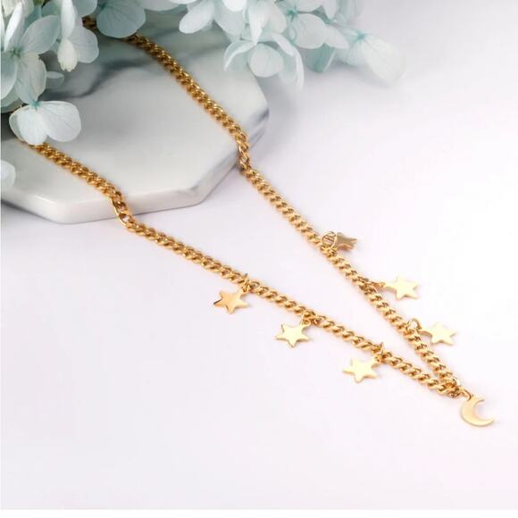 NEW 18K yellow gold plated Cuban chain boho star and moon necklace jewelry B 28A - Picture 2 of 10